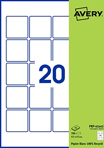 AVERY - Packung mit 200 selbstklebenden Etiketten, quadratisch, weißes Recyclingpapier, Format 45 x 45 mm, personalisierbar und bedruckbar mit Laser, Tintenstrahldrucker und Kopierer (PRP-45 x 45. Fr)
