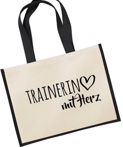Huuraa Jutetasche Trainerin mit Herz Geschenk 21 Liter Black Jute und Baumwolle Trainerin Geschenkidee