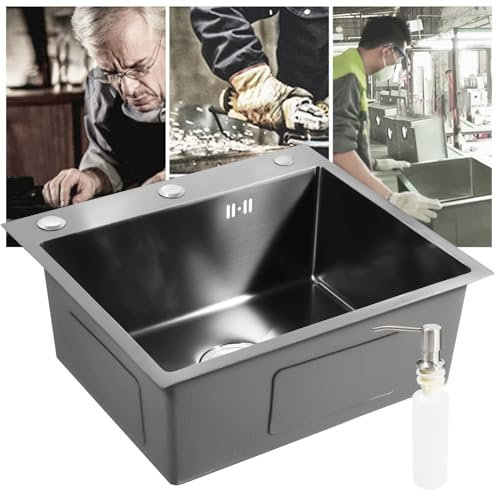 Fregadero de cocina de acero inoxidable, negro, 50 x 45 cm, cuadrado, 1 lavabo, incluye desagüe y dispensador de jabón, nanotextura PVD