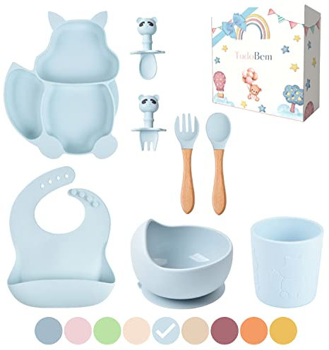 TudoBem Coffret Repas Bebe Accessoire[8 Pièces], Set Vaisselle Bebe 1er age, Assiette Bebe, Bol Ventouse pour Bébé, Cadeau Bebe Garcon, Vaisselle Enfant Complete, Bôite Cadeau Prête à Offrir,Bleu Ciel
