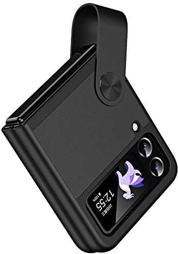 TECHGEAR for Samsung Galaxy Z Flip 4 / Flip 3 Case, Z Flip 4/3 Leather Case with Leather Finger Holder, Hard PC Shockproof Protective Bumper Case for Samsung Z Flip3 & Z Flip4, Black