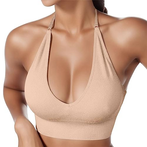 Damen Neckholder Sport BH Rückenfrei Tiefer V Ausschinitt Sport Bustier Gepolstert Sexy Gym Push Up Ohne Bügel Bra Crop Top Backless Verstellbare Träger