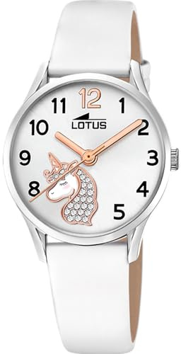 Lotus Mädchenuhr Analog aus Edelstahl und Leder Weiß | Quarzwerk, Kinderuhr, Widerstandsfähiges Glas, Wasserdicht 5 ATM, 18406/K, Junior Collection
