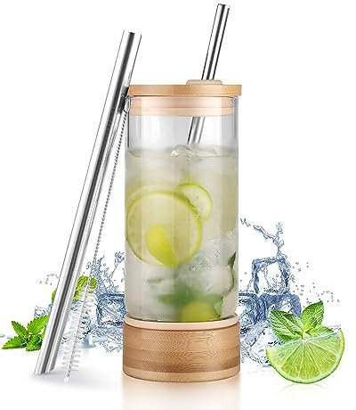 Sivaphe Glass Tumbler with Lid and Straw, 16oz Reusable Boba Cup Bubble Tea Cup, Iced Coffee Cups for Cocktails, Tea, Soda, Smoothies, Transparent, Ice Water (Amber, 16oz/450ml)