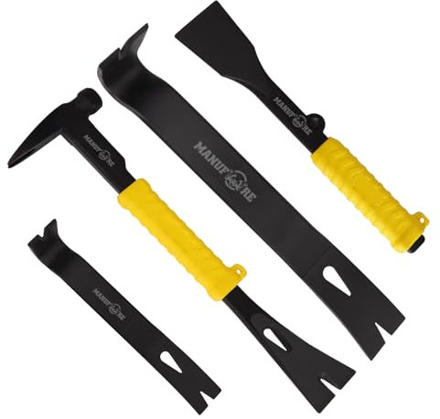 MANUFORE 4pcs Pry Bar Nail Puller Set, 12” Flat Pry Bar, 7.5” Flat Pry Bar, 12” Crow Bar with Hammer, 9” Chisel