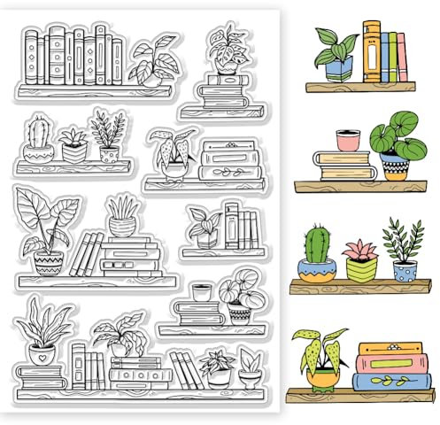 GLOBLELAND Transparente Stempel Mit Topf Bücherregal Buch Und Pflanzenprägestempel Transparente Silikonstempel Siegel Für DIY Scrapbooking Und Kartenherstellung Papierhandwerk Dekor