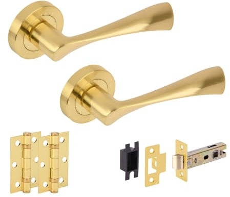 Hunta HANDLEZONE® Zena Internal Door Handle Latch Pack, Complete with Lever On Rose Handles, Latch, Ball Bearing Hinges - Brushed Brass