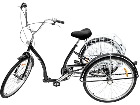 Donened 26 tums trehjuling vuxna, 3 hjul cykel med stänkplåt och korg, 6 växlar trehjuling cykel för seniorer stadscykel upp till 120 kg för alla typer av vägytor (svart)