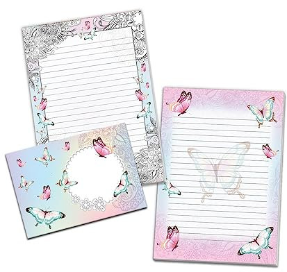 Briefpapier-Set mit 2 Schreibblöcken liniert und 20 Umschlägen für Mädchen Schmetterlinge Blumen (1 Block bunt und 1 Block zum Ausmalen A5 mit je 25 Blättern + 20 Briefumschläge)