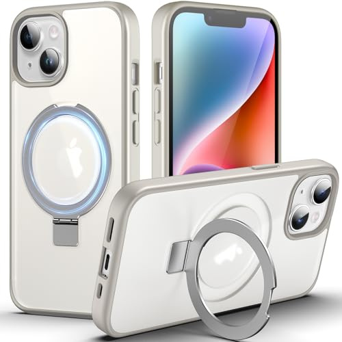 DASFOND für iPhone 14/13 Hülle mit MagStänder, [Kompatibel mit MagSafe] Militär Handyhülle Stoßfest und Kratzfest, Magnetische Matte Case Schutzhülle mit Ringhalter, Grau