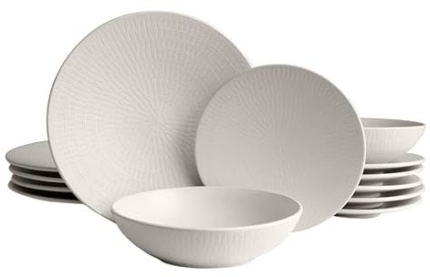 ECHTWERK Vajilla vintage de 12 piezas, diseño natural Blanka, para 4 personas, elegante vajilla con estructura de gres con 4 x platos llanos, 4 x platos hondos, crema