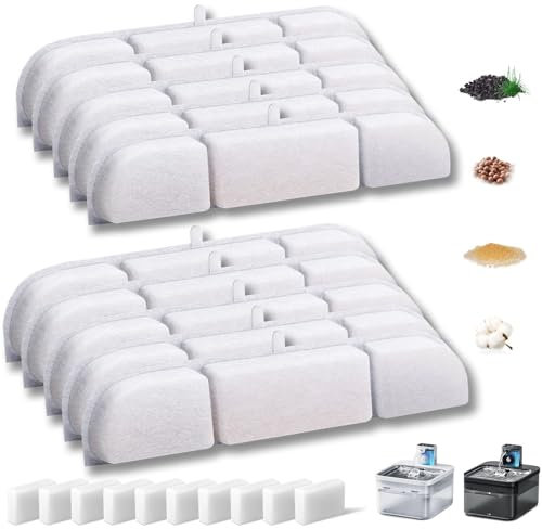 Hantoc 20 Piezas Filtros Fuente Gatos, 10 filtros de carbón y 10 esponjas de Espuma para 2,5L Fuente de Agua para Gatos a Pilas DPWFP6 Filtros Fuente con Resina y Carbón Activo para Fuentes de Flores