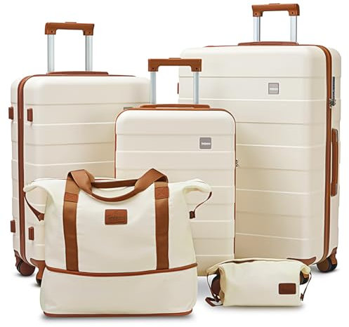 imiomo Kofferset 5tlg Hartschale mit 4 Rollen und TSA-Schloss Der Gepäcksets Enthält 1 Reisetasche und 1 Tragbare Tasche (Weiß, 5PCS)