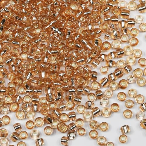 Bulk Seed Beads 110 Grams About 1600pcs, 4mm 6/0 Champagne Glass Craft for Making Earrings, Bracelets, Pendants, Waist Jewelry,DIY Handmade Seed Beads（Champagne Silver Core）