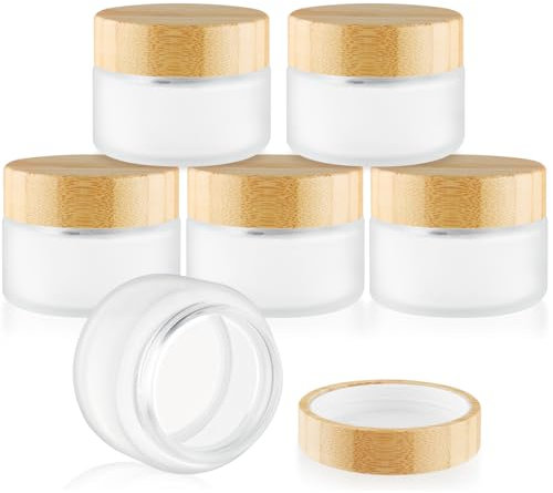 DMuuuDM Lot de 6 bocaux en verre de bambou avec couvercle, vides ronds en verre dépoli avec doublure intérieure, petits pots cosmétiques de voyage pour hydratant, fond de teint, lotion, crème, beurre
