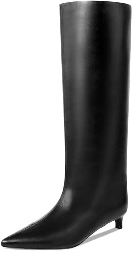 COMJUY Kitten Heel Knee High Boots for Women, 1.5-in Stiletto Low Heel Long Boots Women Knee High, Womens Pull on Pointed Toe Tall Boots, Below the Knee Boots Faux Leather, Black, 7 UK