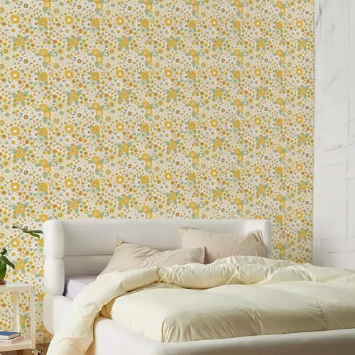 Alwayspon 40cmx500cm Yellow and White Flower Self Adhesive Wallpaper, Peel and Stick Furniture Sticker Decals Living Kids Room Wall Art Sticky Back Vinyl Film Roll