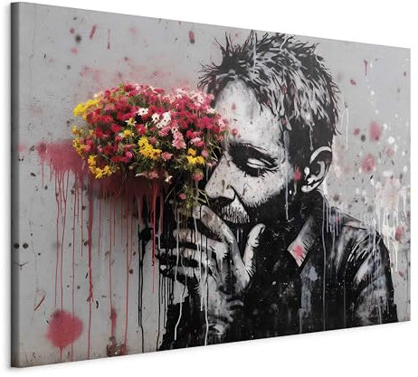 murando - Wandbilder XXL Banksy art 120x80 cm 1 tlg - Wand Deko Leinwand Bilder Groß Wanddeko Wohnzimmer Schlafzimmer Kunstdrucke - Abstrakt Alter Mann mit einem Blumenstrauß auf grau h-H-10030-b-a