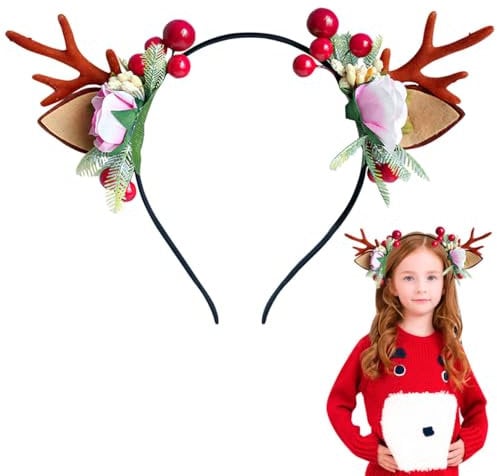 Weihnachts-Geweih Stirnband, Rentier Ohren Haarreif, Geweih Blumiges Haarband Für Weihnachtfeier, Weihnachten Haarband, Weihnachten Party Kopfstück Für Damen MäDchen, Weihnachtsfeier Festival