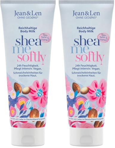 Jean & Len Reichhaltige Bodymilk mit Sheabutter, pflegt trockene Haut intensiv & ist hautverträglich, ohne Parabene Silikone, Mineralöl & Mikroplastik, vegan, 250 ml (Packung mit 2)