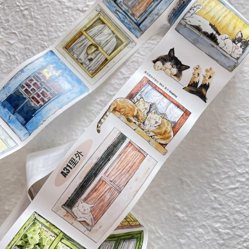 Seahorse Forest Vol5 A31 Inside and Outside,Cute Cat and Doors&Windows Scenery,Pre-Cut Washi Tape Stickers,Original Design,for Scrapbook Supplies,Scrapbook Tape Stickers,Junk Journal Supplies
