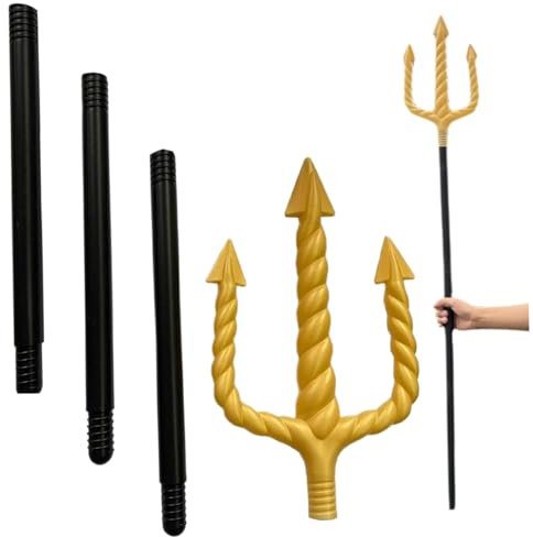 Dreizack 47 Zoll langer goldener Dreizack-Speer für Kinder, Erwachsene, dekorativer Halloween-Teufels-Mistgabel-Dreizack-Speer mit 3 Abschnitten, schwarzen Stangen, Cosplay-Spielzeug-Dreizack-Requisit