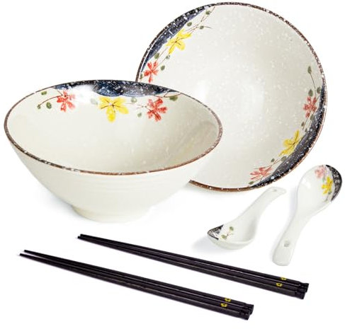 HLWDXno1 Ramen Bowl Set of 2 Ceramic Noodle Bowl with Chopsticks & Spoons 1200ml Large Soup Bowls Japanese Style Retro Porcelain Microwave Tableware Ramen Gift Set for Salad,Pho,Pasta,Udon, Flower