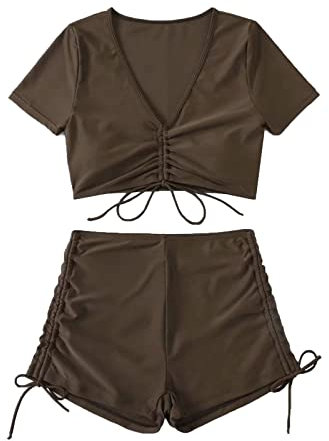 Sunfashion one Blade Damen,Bikini top Badeanzug rot Damen Bikini Set high Aufhellende Creme Bikini für Damen mit hoher Taille U-Ausschnitt, Zweiteiliger Badeanzug mit Schnürung Bikini & Set (Brown, L