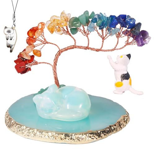 Dreamgirnh Opal Cat Chakra Crystal Tree and Healing Stones Cute Sleeping Cat Statue Lucky Kitten Figurine Office Bedroom Home Desk Fairy Garden Decoration Cat Lovers Gifts for Women (Opal)