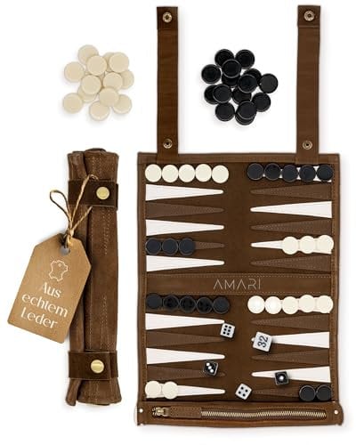 Amari ® Reise Backgammon aus 100% Leder - Rollbares Backgammon für Reisen und Unterwegs – Back Gammon Hochwertig Koffer Spiel Reisespiel Reisebackgammon Leder