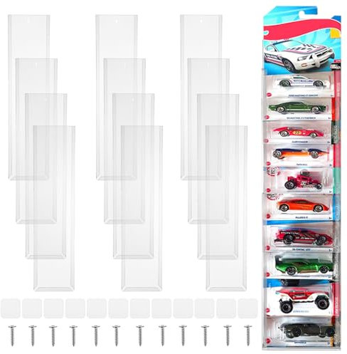 Rainmae 12 Stück Modellauto Vitrine zur Wandmontage Aufbewahrungsregal aus Plastik Spielzeugauto Organizer aus Druckguss mit Blisterverpackung Wandregal Hängeregal 42,5x11,2 cm