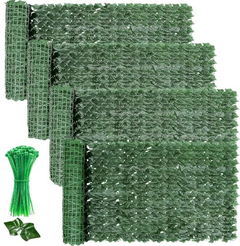 Künstlicher Efeu-Sichtschutzzaun, 3 x 1 m, mit Rankgitter, Gartensichtschutz und Dekoration, geschützte künstliche Hecke, Rollschutz für Außenwand, 4 Stück