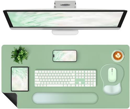 4-in-1 Large Gaming Mouse Pad, Keyboard Wrist Rest Pad & Wrist Support Mousepad Set, Extended Desk Pad Waterproof Desk Mat Protector for Home Office Decor Study Game 35.4×15.7 Inches I Sage Green