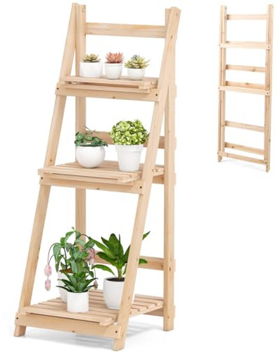 TANGZON Wooden Folding Plant Stand, 3 Tier Flower Planter Ladder Display Rack, Indoor Outdoor Plant Pots Holder for Home, Garden, Backyard & Balcony (Natural, 41 x 41 x 108cm)
