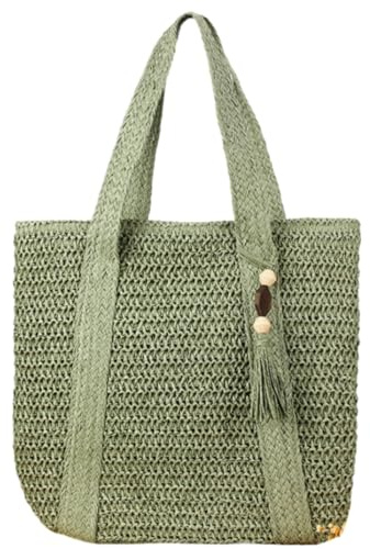 SZKCXBDB strohtasche Frauen Große Stroh Strandtasche Gewebt Tote Tasche Mit Tassel Sommer Schulter Handtasche Für Urlaubsreise-grün