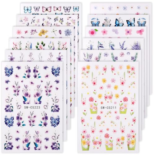 12 Sheets Flower Nail Art Stickers, 3D Self-Adhesive Flower and Leaf Plant Floral Nail Decals Spring Summer DIY Manicure Decorations for Women Girls