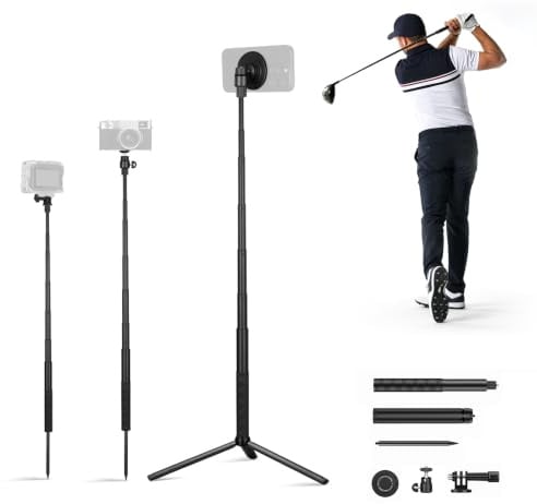CAMOLOGEEK Monopod and Tripod Selfie Stick to Record Golf Swing Training Aid with Ground Spike Stake & Adapter For Gopro & 1/4 Screw, Magnetic Golf Phone Holder Compatible with Magsafe iPhone
