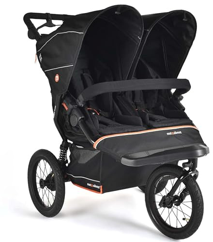Out'n'About Nipper Double Pushchair V6+ Model & Rain Cover | Certified Running Buggy, Lightweight All-Terrain One-Hand Fold Twin Double Pram with Suspension, 14” Air-Filled Wheels (Summit Black)