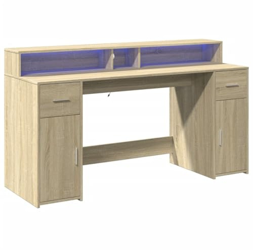 vidaXL Desk with LED Lights, Office Desk for Home Living Room, Computer Table with Storage, Writing Table, Modern Style, Sonoma Oak Engineered Wood