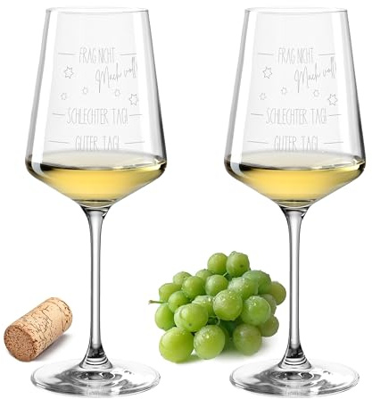 Gravur-Max Weinglas 2er Set 560 ml „GUTER TAG SCHLECHTER TAG MACH VOLL“ – Leonardo Puccini Glas mit Spruch – Hochwertiges, spülmaschinenfestes & stoßfestes Weinglas – Geschenk für Weinliebhaber