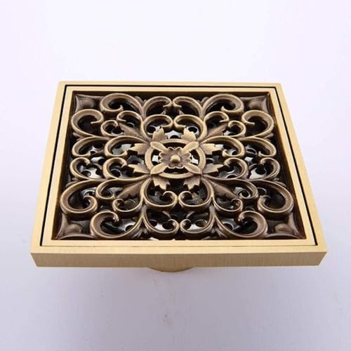 Antique Brass Shower Floor Drain - 10cm Waste Strainer Grate with Bathroom Anti-Odor Cover - Art Carved Design for Stylish Drainage Solutions