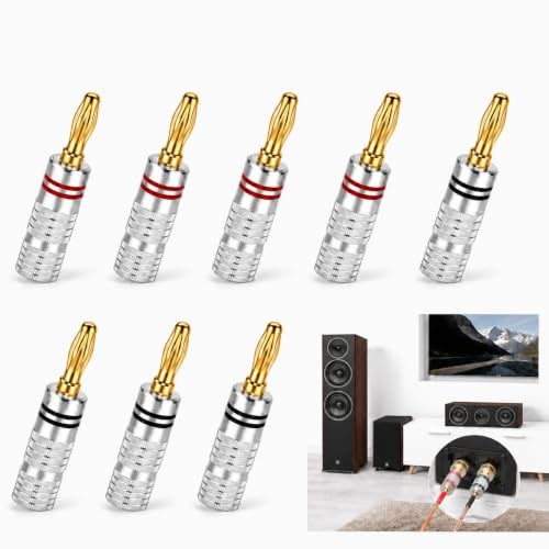 Innovess 8 Pcs 4mm Banana Plugs, 4 Pairs 24K Gold-Plated Speaker Wire Connectors for 12-18 AWG Cable, Speaker Banana Plugs for Hi-Fi Amplifier AV Receiver Home Theatre Speakers