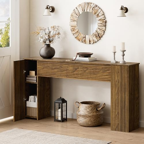 Mossora 155cm Brown Fluted Narrow Console Table with Storage Cabinets | Slim Entryway Sofa Table, 2 Cabinets With Inner Shelves, Anti-Slip Feet, Sturdy Console Table For Hallway Foyer Living Room
