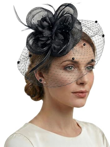 YANFALE Fascinators for Women, Wedding Hair Accessories, Fascinator Headband Clip with Feather Flower Mesh for Ladies Race Royal Ascot Cocktail Tea Party Headwear