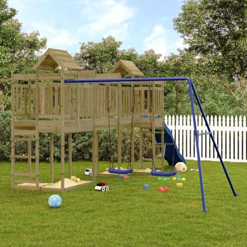 Mangloder Spielturm aus imprägniertem Kiefernholz mit Rutsche, Schaukel und Klettergerüst für Garten, Terrasse und Hof, Robustes Klettergerüst mit Plattform, Sandkästen und Sonnenschutz für Kinder