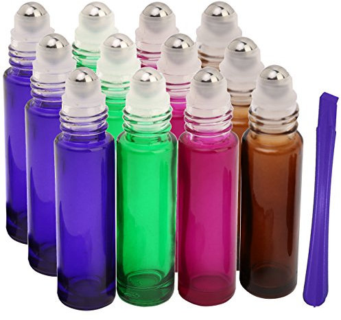 12Pcs, 10ml Glass Roller Bottles with Stainless Steel Roller Ball - Refillable Essential Oil Roll on Bottles with Lid Opener Pry Tool, Great for Aromatherapy, Perfumes and Lip Balms by JamHooDirect
