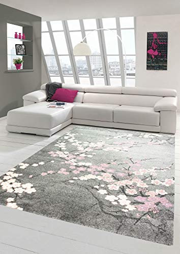 Merinos Teppich modern Wohnzimmer Teppich mit Blumenmotiv Pink Grau Größe 120x170 cm
