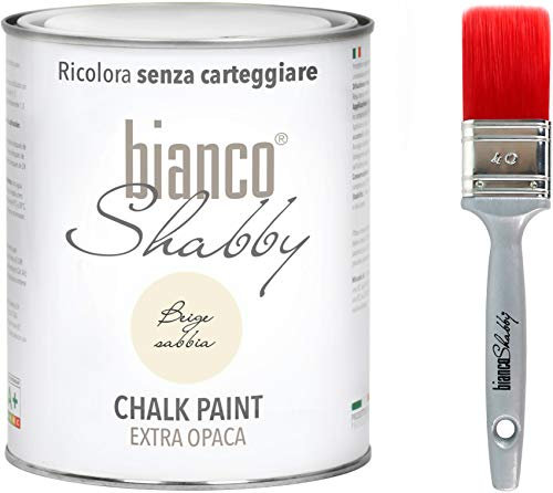 CHALK PAINT Beige Sabbia & PENNELLO - Pittura Shabby Chic Vintage EXTRA OPACA (1 Litro) + 1 Pennello Professionale (40 mm)