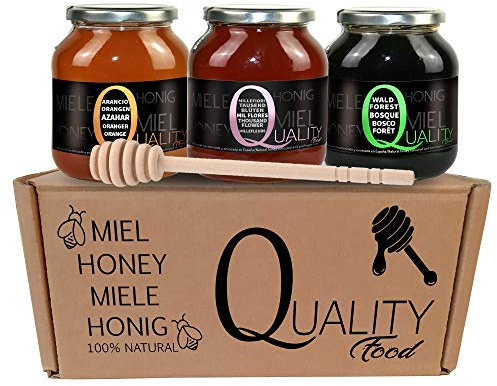 Quality Roasters COFFEES Miel d'abeille cru 100% pur. sans pasteurisation ni chauffage. Pack cadeau et dégustation 3x500g. Bocal en verre. Origine Espagne. distributeur en bois.