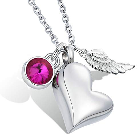 KnSam Edelstahl Urne Anhänger Halskette mit Geburtsstein Kristallanhänger Engel Flügel Asche Anhänger Herz Memorial Kette - Oktober